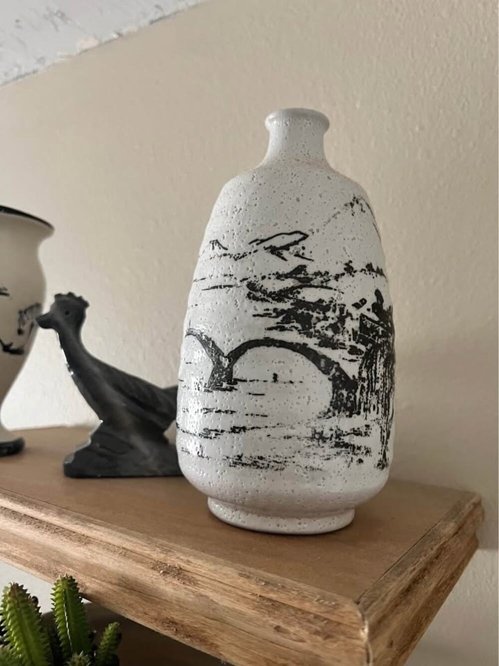 Vintage Studio Pottery Vase – Textured White w/ Black Landscape Scene